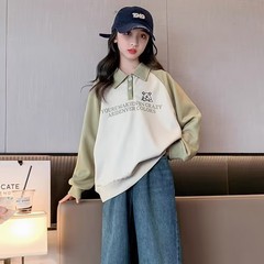 Women's Spring and Autumn New Collared Splicing Contrast Color Children's Autumn Outfit Long Sleeve POLO Shirt Top Little Girl Clothing