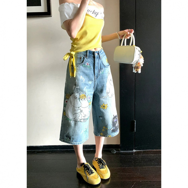 Super Cute and Quirky Cartoon Print Vintage-Style Cropped Straight-Leg Jeans for Women, New Summer Style Loose-Fitting Wide-Leg Pants