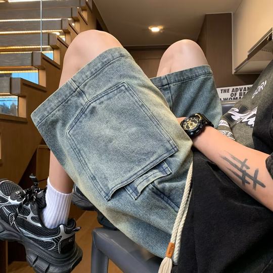 Large Pocket Workwear Denim Shorts Men's Summer Trendy Brand Casual Pants American Style Retro Loose Mid-length Pants for Teenagers