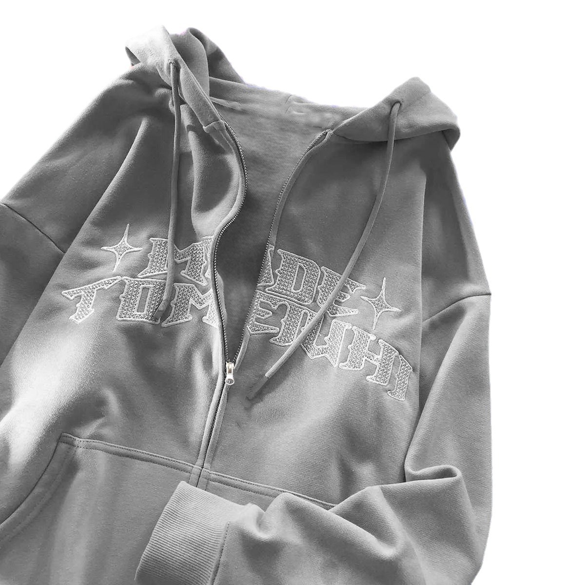 Trendy Marka Mektup Fermuarlı Sweatshirt Kişiselleştirilmiş Basit Baskılı Kapüşonlu Üst Unisex Hırka Şık Ceket_voghion.com