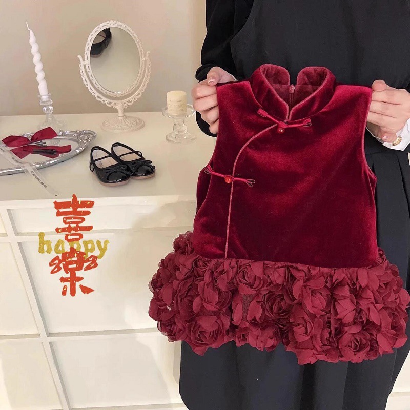 [Segundo en stock] niñas algodón intercalado doble cara vestido chino nuevo vestido de malla china cheongsam vestido de Año Nuevo infantil