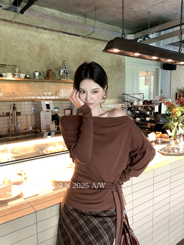 秀熙熙2025秋季新款白标气质斜肩纯色针织衫长袖上衣毛衣女89538|undefined