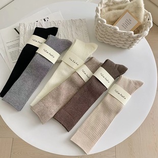 Autumn and Winter Wool Foot Socks Women's Double Needle Solid Color Vertical Stripe Warm Long Barrel Stacked Socks Maillard Slim Look Stockings