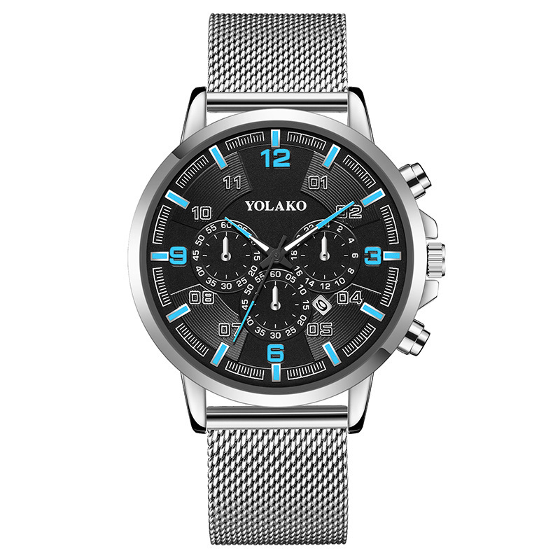Nouvelle montre numérique tendance pour homme avec calendrier à trois yeux et aiguille bleue, montre pour homme en maille d'acier inoxydable_voghion.com
