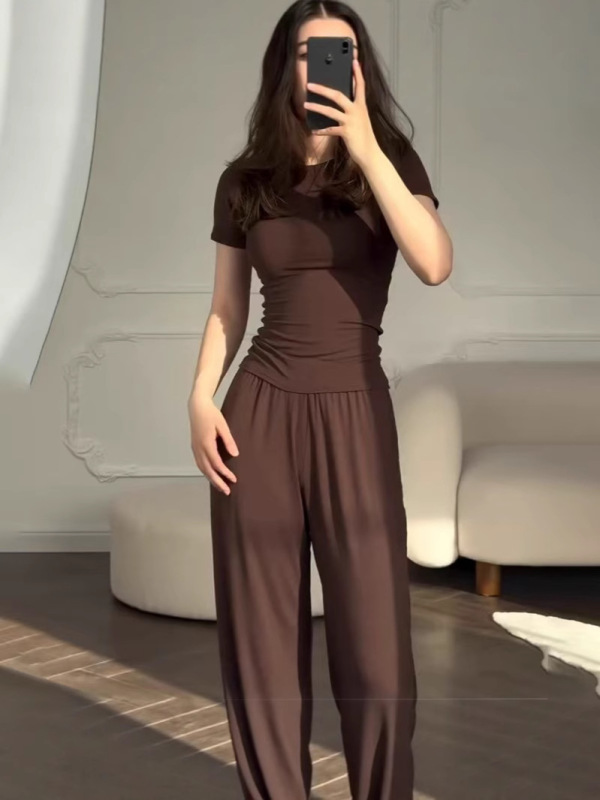 2025 ヨーロッパとアメリカのクロスボーダー婦人服新しいラウンドネックスリムカジュアル多用途ルーズストレッチワイドレッグパンツファッションスーツ|undefined
