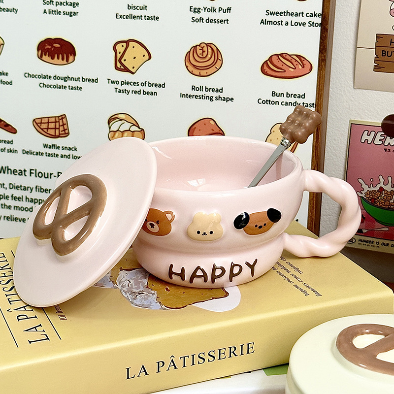 Taza de cerámica Taza de agua para el hogar Taza con tapa Cuchara Regalo de cumpleaños creativo Taza de desayuno femenino Regalo de mano de gran capacidad