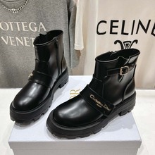 广州原标专柜品质欧美大牌真皮女式短靴侧拉链皮带扣厚底切尔西靴