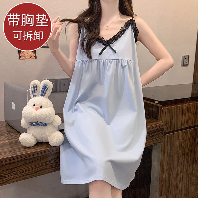 [Bra-Free] Foreign Trade Suspender Nightgown for Women in Summer with Breast Pads, Pure Cotton Pull-Up, High-End, Cool Nightgown for Going Out