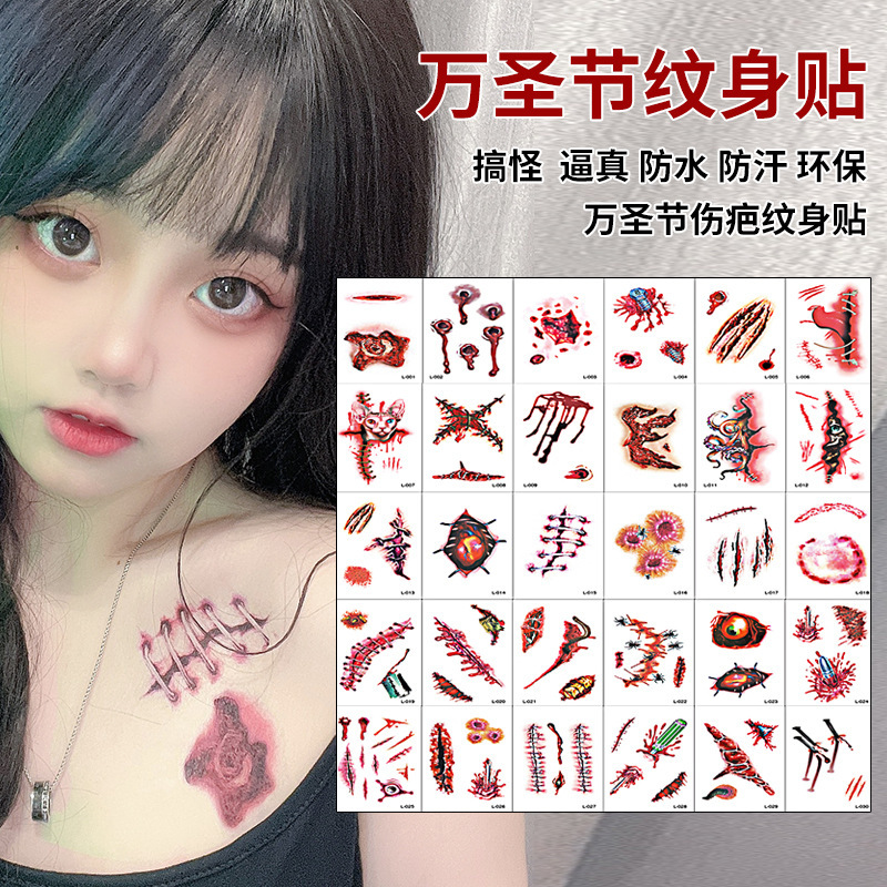 New Cross-border Waterproof Halloween Tattoo Sticker Funny Atmosphere Scar Sticker Realistic Bloodstain Girl Dark Tattoo New Cross-border Waterproof Halloween Tattoo Sticker Funny Atmosphere Scar Sticker Realistic Bloodstain Girl Dark Tattoo