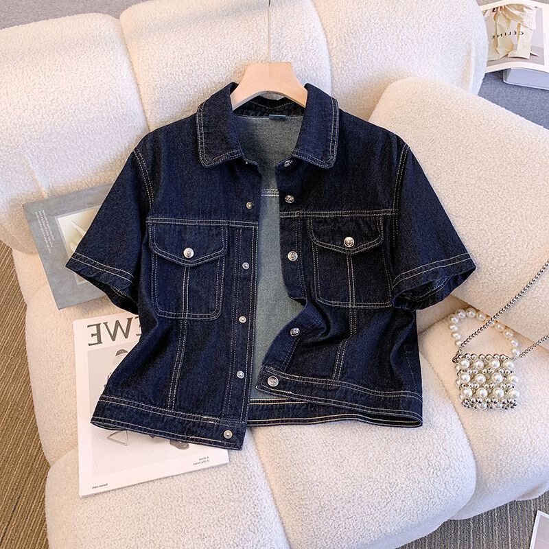 New Trendy Stylish Short-Sleeve Denim Jacket for Women, Slim Fit Casual Spring/Summer Dark Blue Korean Style 2025