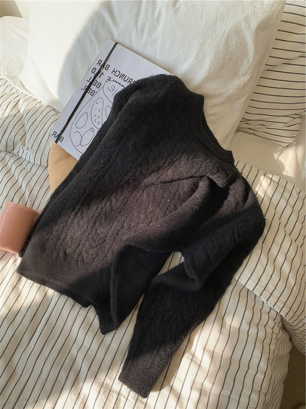 跨境十色入 超软糯舒服复古麻花辫简约纯色气质圆领套头针织毛衣|undefined