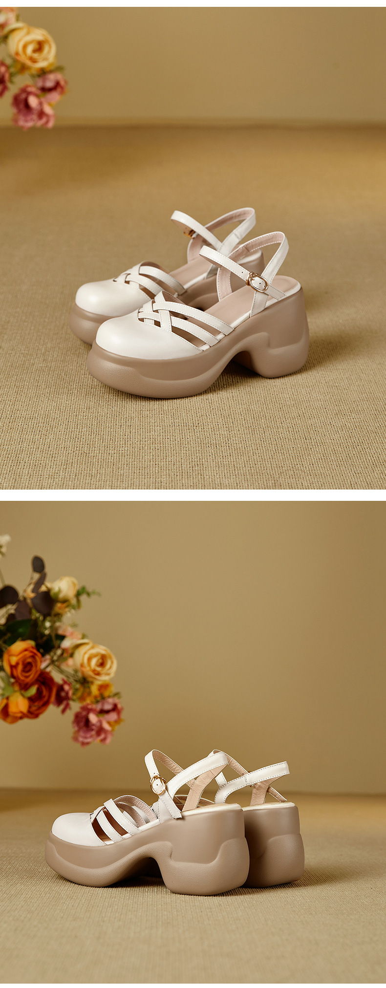 Sandal nữ quai chữ V đế bánh xốp dày dệt lồng phong cách La Mã — màu trắng ngà chi tiết 10