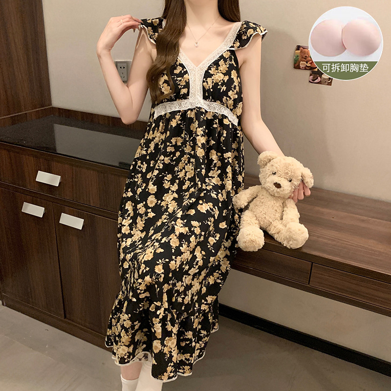 Pijama con cojín de pecho mujer de verano vestido de espuma delgada simple ocio pijama casero comercio exterior al por mayor