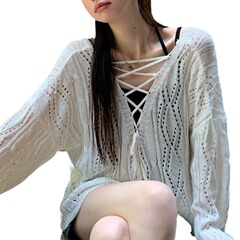2025 新韓国デザイン中空長袖セータートップ女性の夏怠惰な薄い日焼け止めブラウス