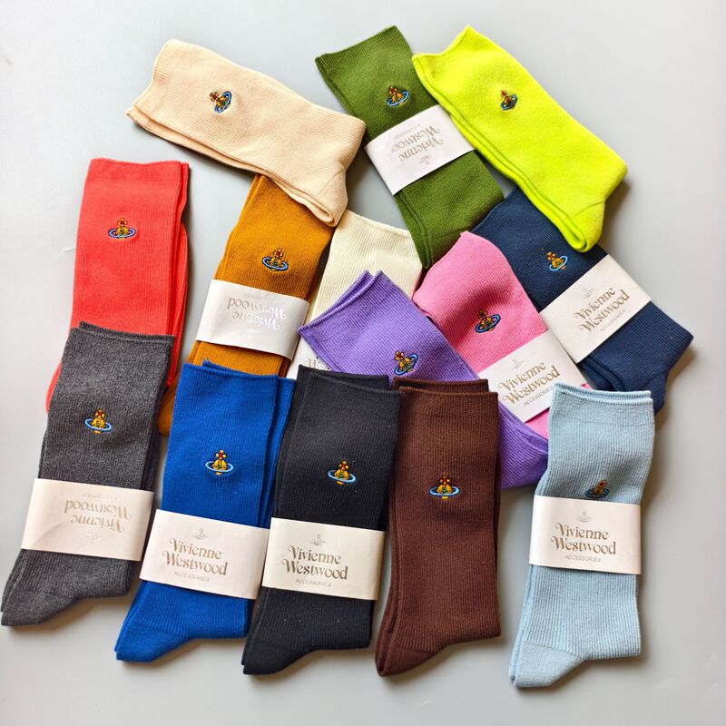 Japanese Empress Saturn Embroidered Colorful Double Needle Women's Mid-Calf Ins Trend Versatile Stacked Socks Solid Color Casual Socks
