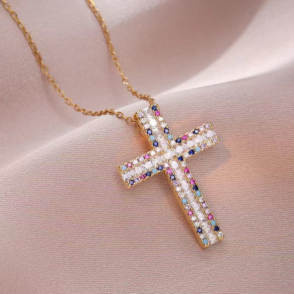 Wholesale Jewelry Shiny Cross Titanium Steel Zircon Inlay Pendant Necklace Cable Chain display picture 36