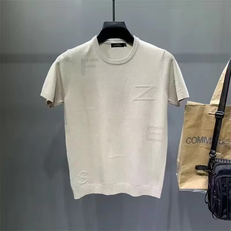 Nueva Camiseta de manga corta de seda de hielo a rayas casual ropa superior de los hombres delgados simples suéter de moda
