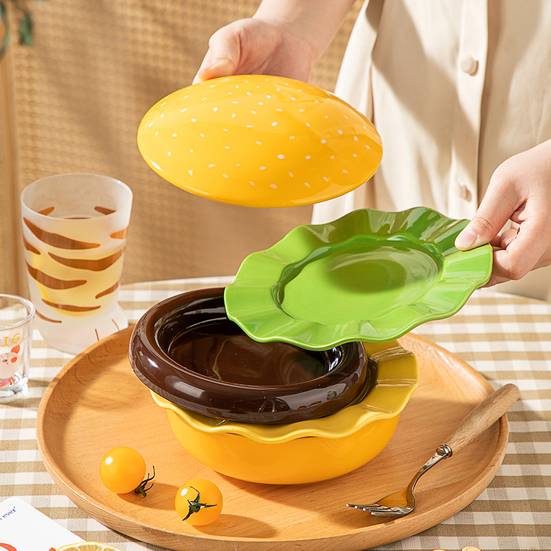 ハンバーグセラミック食器セット皿かわいいクリエイティブお菓子デザート皿家庭用サラダボウル一人食食器|undefined