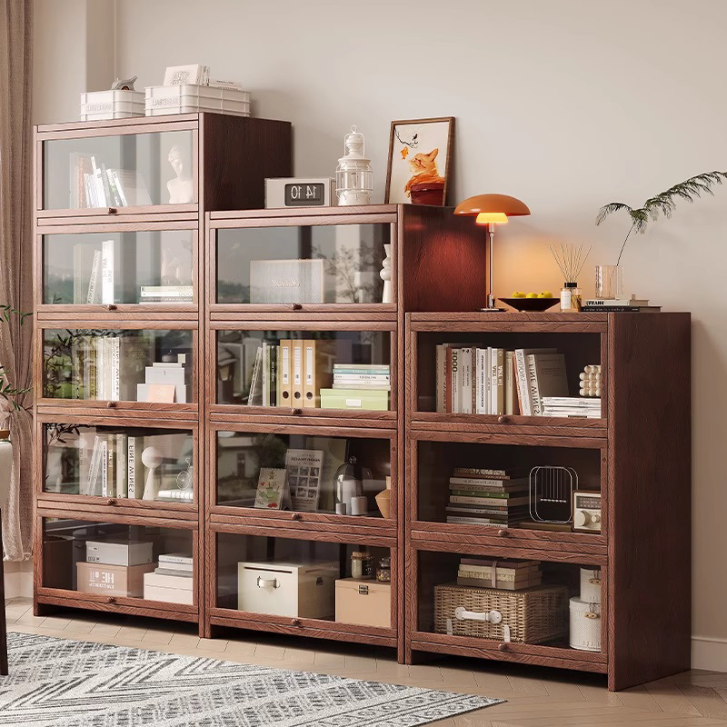 All Solid Wood Bookshelf Storage Rack Floor Cabinet with Door Dust-proof Walnut Color Living Room Display Household Bookcase
