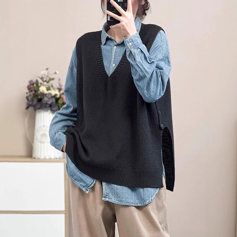 2025春秋新款深V领棉线马甲女士无袖上衣文艺复古风宽松气质背心|undefined