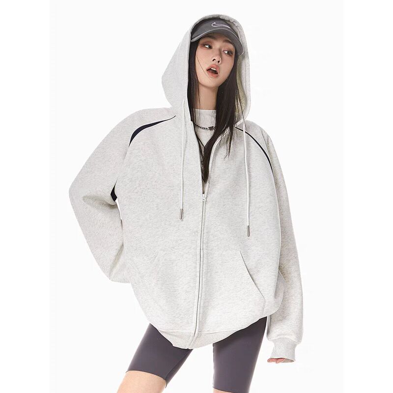320g Cotton Blend Milk Silk American-Style Sweatshirt Casual Retro High Street Hooded Color-Blocking Zip-Up Jacket 320g Cotton Blend Milk Silk American-Style Sweatshirt Casual Retro High Street Hooded Color-Blocking Zip-Up Jacket