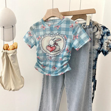 甜辣女孩透视感格子兔子网纱印花短袖T恤夏季新款性感露脐小上衣