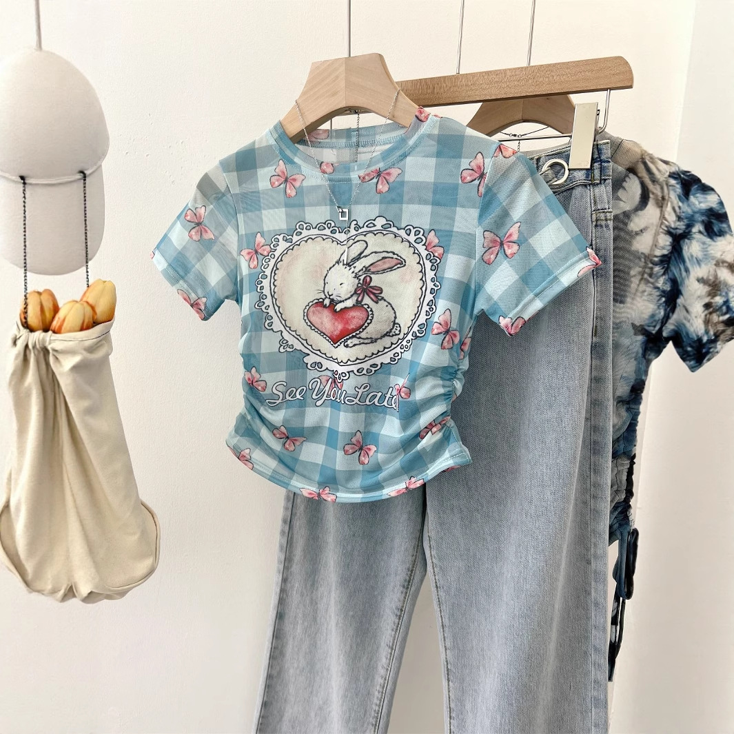 甜辣女孩透视感格子兔子网纱印花短袖T恤夏季新款性感露脐小上衣