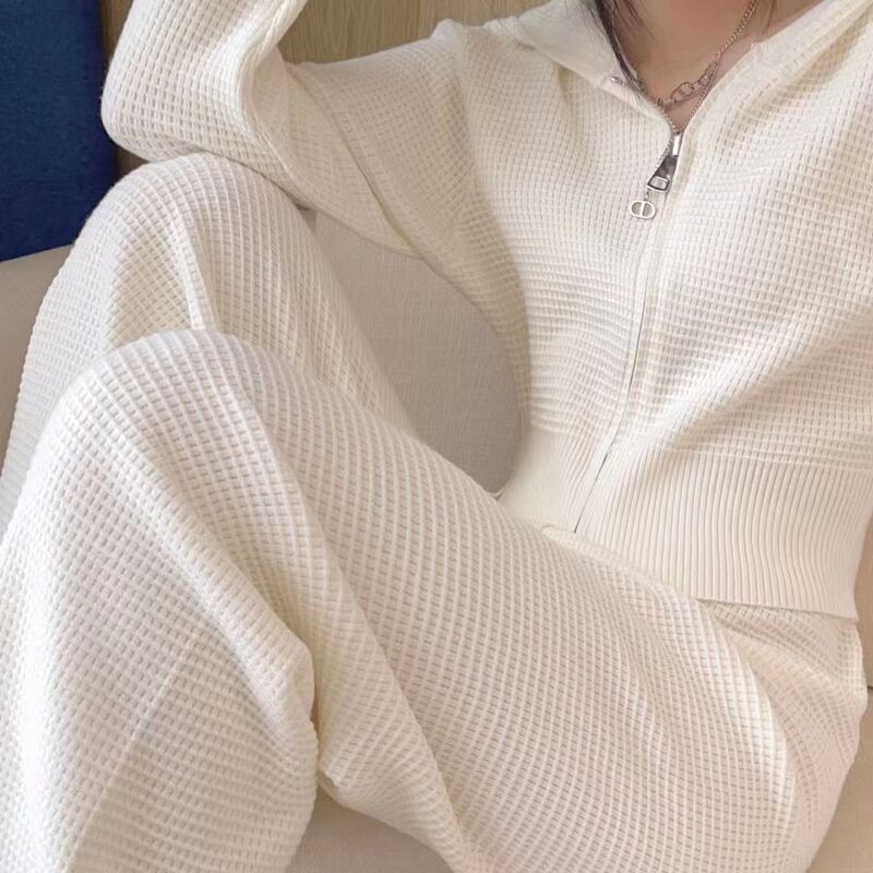 Casual Knitted Suit Double Zipper Cardigan Top Women + Pants Autumn Winter Waffle Two Piece Set Women Lazy Style