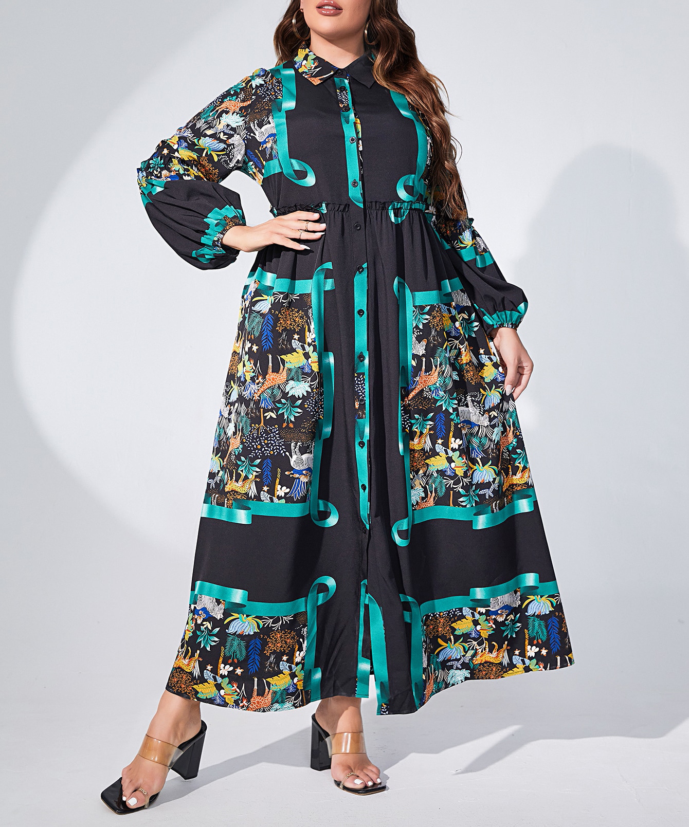 Women's Clothing Spot high end light luxury temperament lantern long sleeve round neck waist slim single breasted printed elegant dress_voghion.com