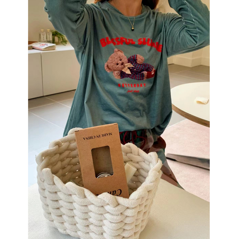 여름 저녁 잔디 가을과 겨울 새로운 스타일 만화 곰 격자 무늬 구덩이 벨벳 얇은 벨벳 가정 옷 느슨한 캐주얼 잠옷