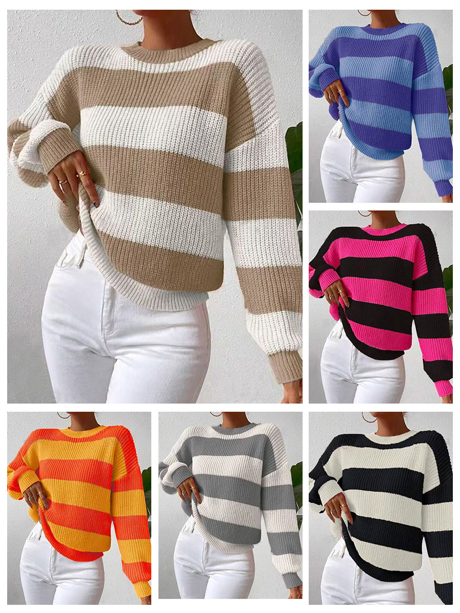 Contrast Binding Design Casual Style Wholesale Women's Casual Color Block Stripe Long Sleeve Contrast Binding Sweaters & Cardigans