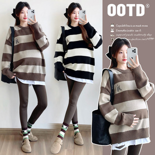 Real shot in stock ~ 2024 striped contrast color round neck sweater autumn and winter loose lazy wind knitting...