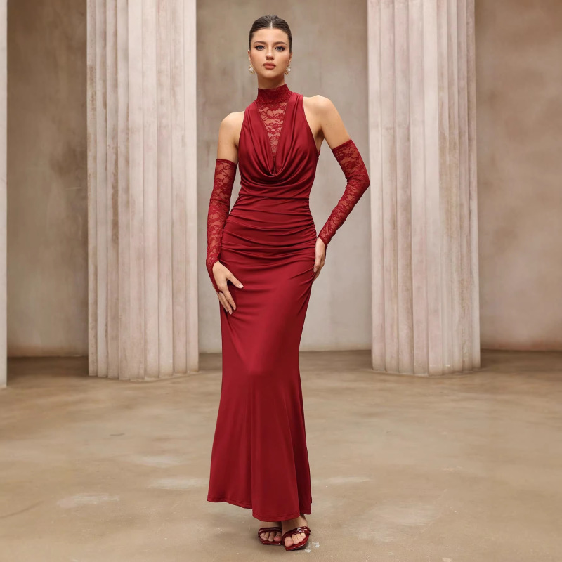 Foreign Trade Cross-Border Slim-Fit Burgundy Dress with High Collar, Off-Shoulder, Long Sleeves, Elegant Gown, Lace Evening Dress Foreign Trade Cross-Border Slim-Fit Burgundy Dress with High Collar, Off-Shoulder, Long Sleeves, Elegant Gown, Lace Evening Dress