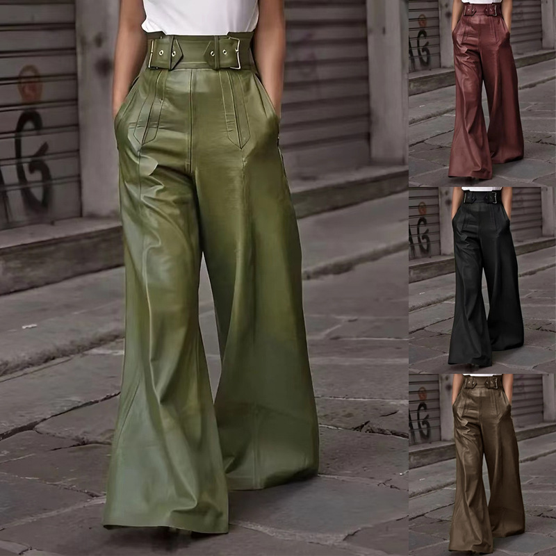2025 cross-border Amazon new fashion leather pants high waist loose pocket waist PU leather flared pants casual pants 2025 cross-border Amazon new fashion leather pants high waist loose pocket waist PU leather flared pants casual pants