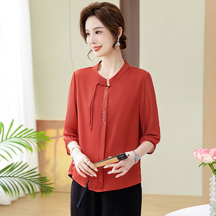 New Chinese Style Mother's Summer Dress Western Style Small Shirt Middle-aged and Elderly Loose Women's Spring and Summer Seven-sleeve T-shirt Chiffon Top