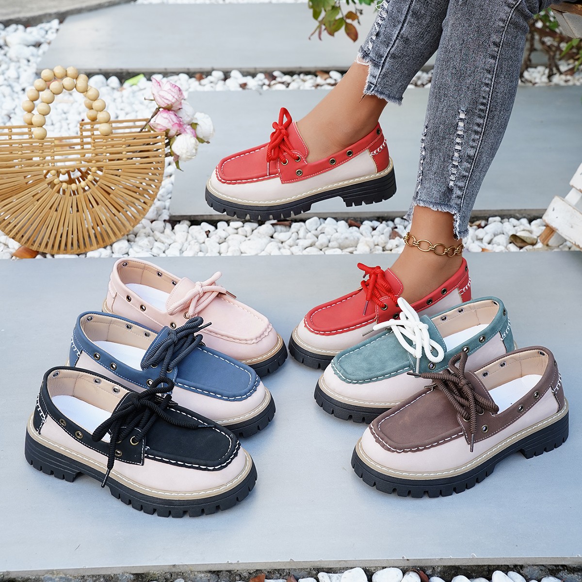 Mocassini da donna con lacci e borchie, tacco grosso, suola spessa, scarpe singole color block, novità autunno._voghion.com