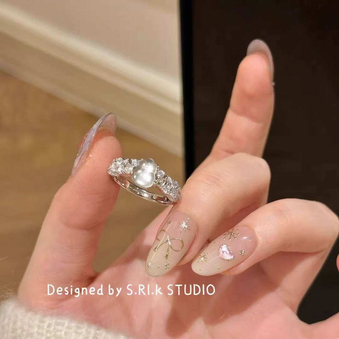 Cool and Luxurious Imitation Chalcedony Gourd Ring for Women, New Chinese Style, Full Inlaid Craftsmanship Design, Water Foam Jade Trendy Women's Ring