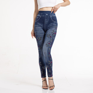 Cross-border European and American tight Leggings women's outer wear high waist imitation denim printed cropped pants cotton high elasticity Leggings