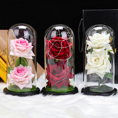 跨境小王子玫瑰花玻璃罩絨布花情人節禮物永生花2朵桌面擺件