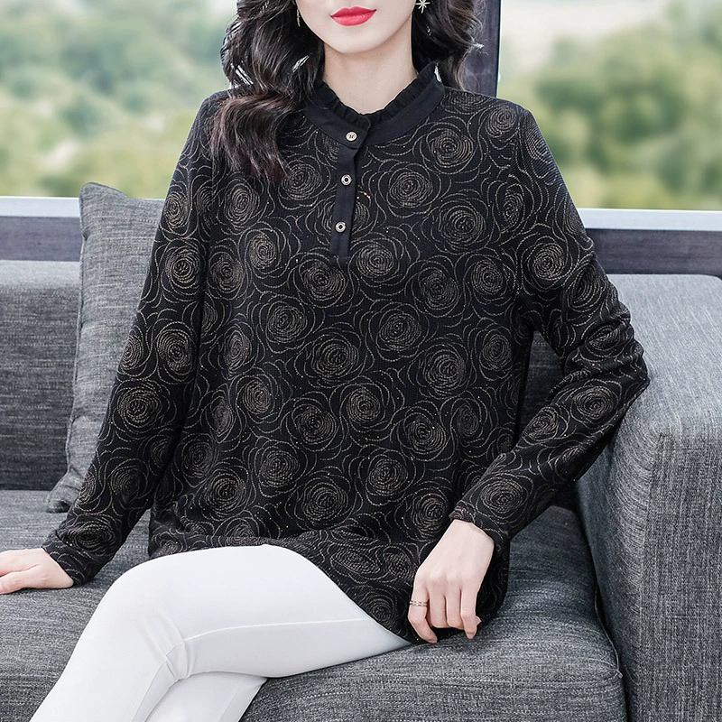 Большие Размеры 240 кг женская одежда среднего и пожилого возраста французская летняя рубашка с длинными рукавами и деревянными ушками Свободная шифоновая кружевная рубашка с принтом
