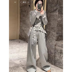 韩风chic一整套女2025夏季洋气灰色外套上衣条纹披肩阔腿裤三件套