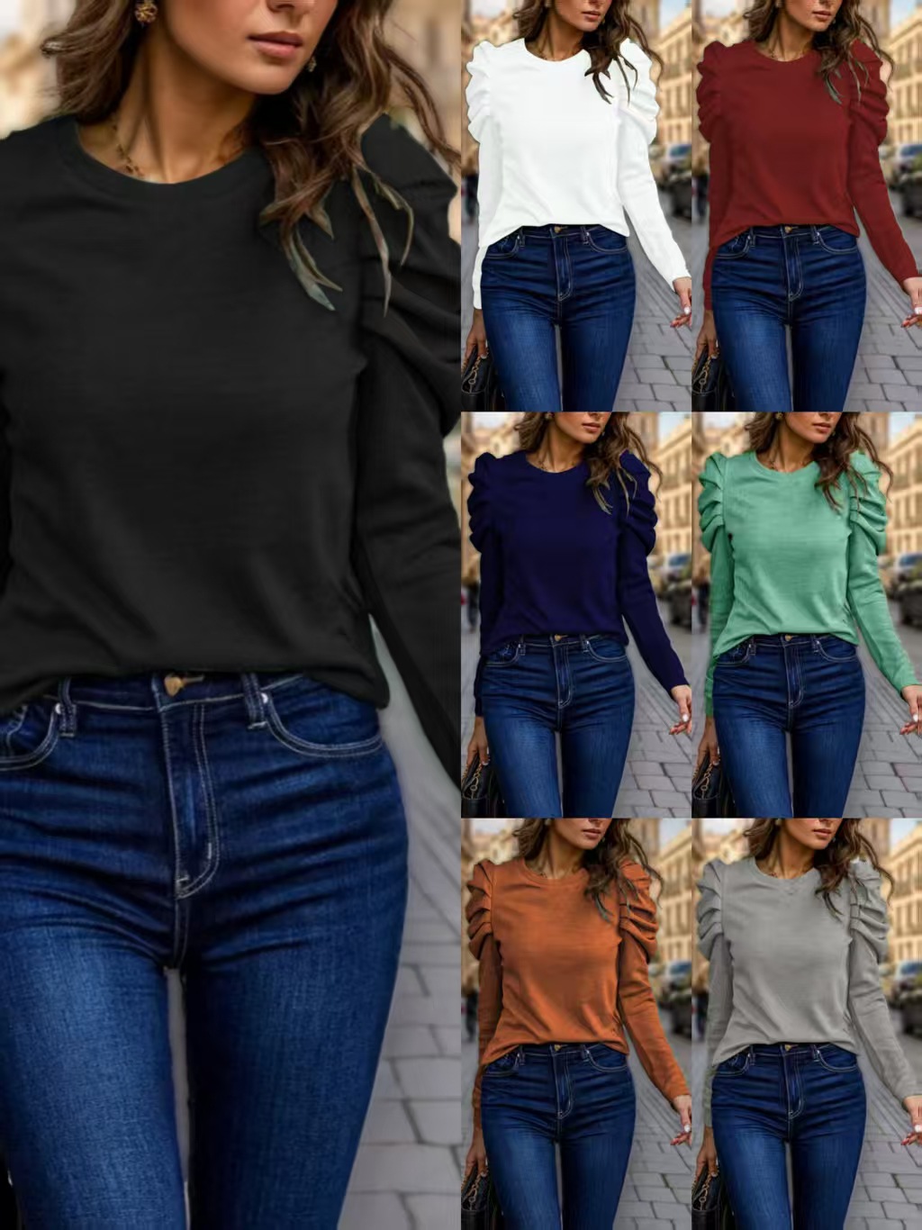 2024 European and American Amazon Women's Clothing Autumn and Winter High-Elastic Cashmere Round Neck Slim Fit Puff Sleeve Long-Sleeve Top Fashion Casual