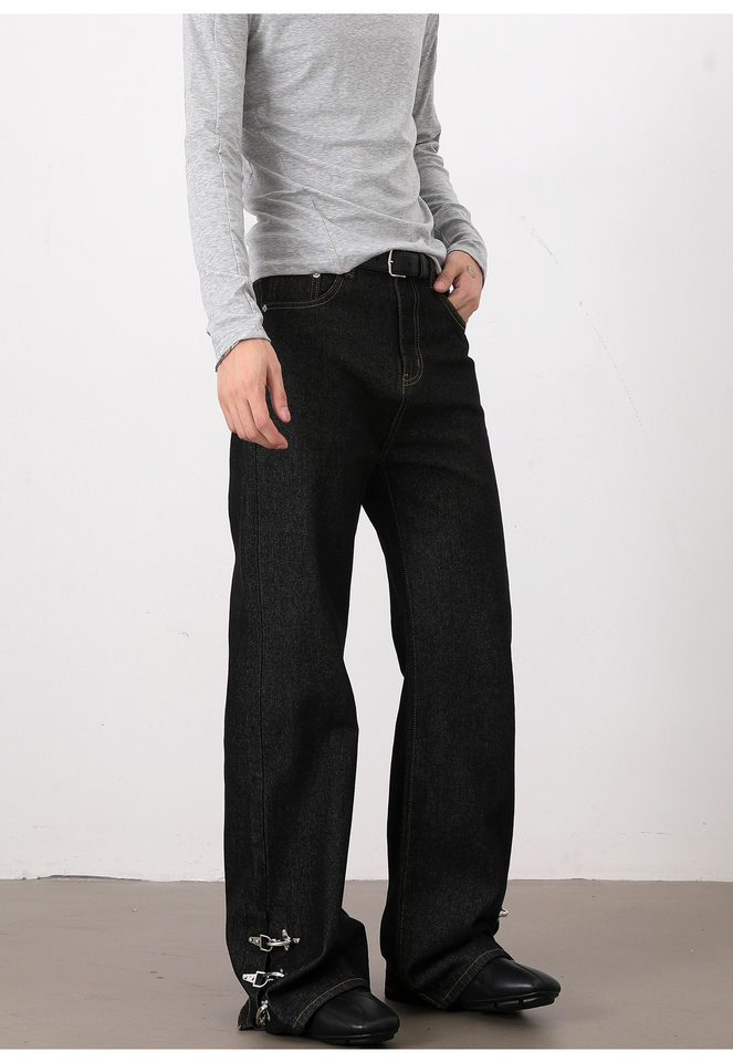 Quần jeans nam ống loe nhẹ denim thô đen, cạp vừa, dáng cơ bản, dài quần — Denim đen chi tiết 19