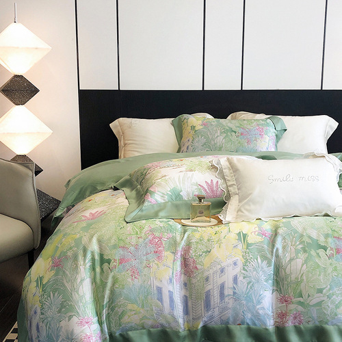 Export 100S spring and summer Lenzing pure silk digital printing four-piece set, silky smooth and cool all summer