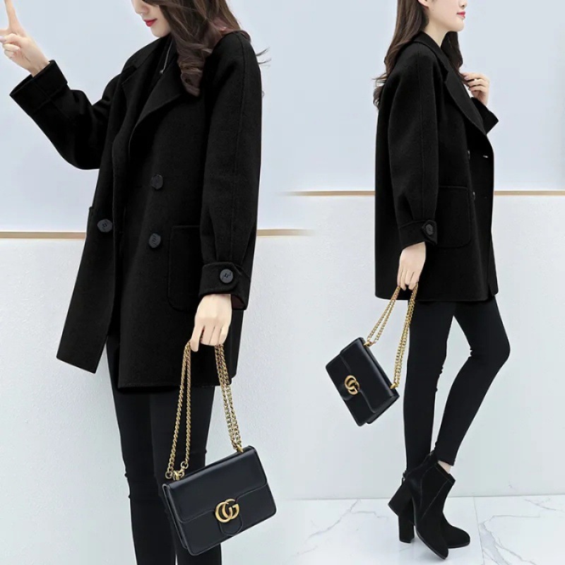 Abrigo de lana moderno y versátil para mujeres pequeñas, nuevo estilo de otoño e invierno 2024, talla grande, corte holgado, adelgazante, largo medio.
