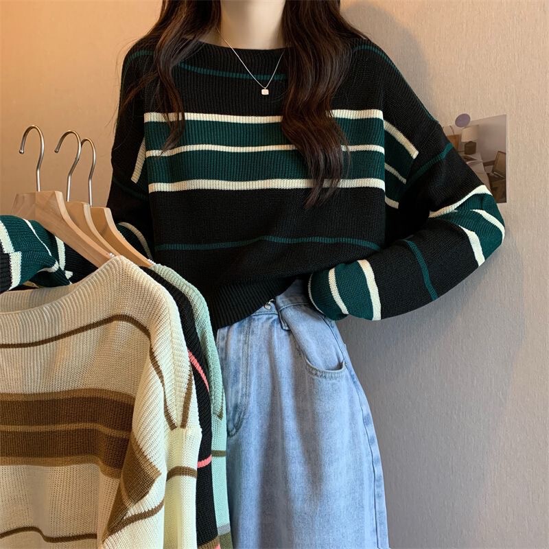 Women's Short Knitted Shirt Korean Style Chic Style Spring and Autumn Striped Contrast Base Shirt Lazy Long Sleeve Top Women's Short Knitted Shirt Korean Style Chic Style Spring and Autumn Striped Contrast Base Shirt Lazy Long Sleeve Top