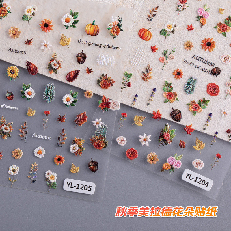 Autumn Maillard Flower Nail Art Stickers Small Fresh Pumpkin Rose Small Maple Leaf Romantic Cute Nail Stickers