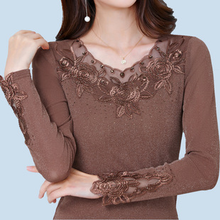 2025 Autumn Fashion Middle-Aged and Elderly Women's Silver Mesh T-Shirt Slim Korean Style Embroidered Long-Sleeved Bottoming Shirt Top
