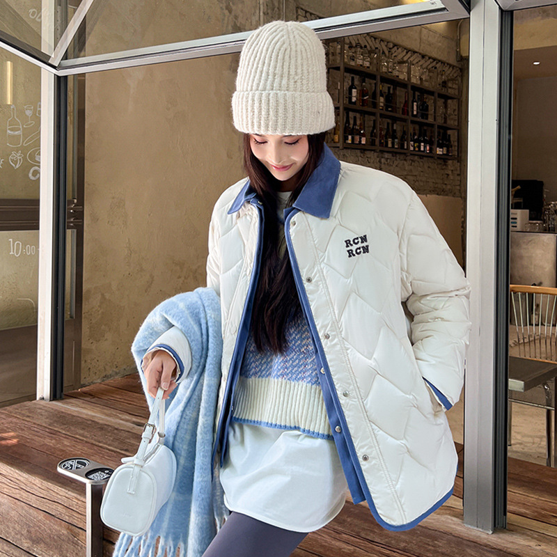 Retro americano pequeño viento de color contraste de algodón borde vestido de moda de invierno para hombres y mujeres cuadrillas sueltas chaqueta de solapa ligera lotes image 6