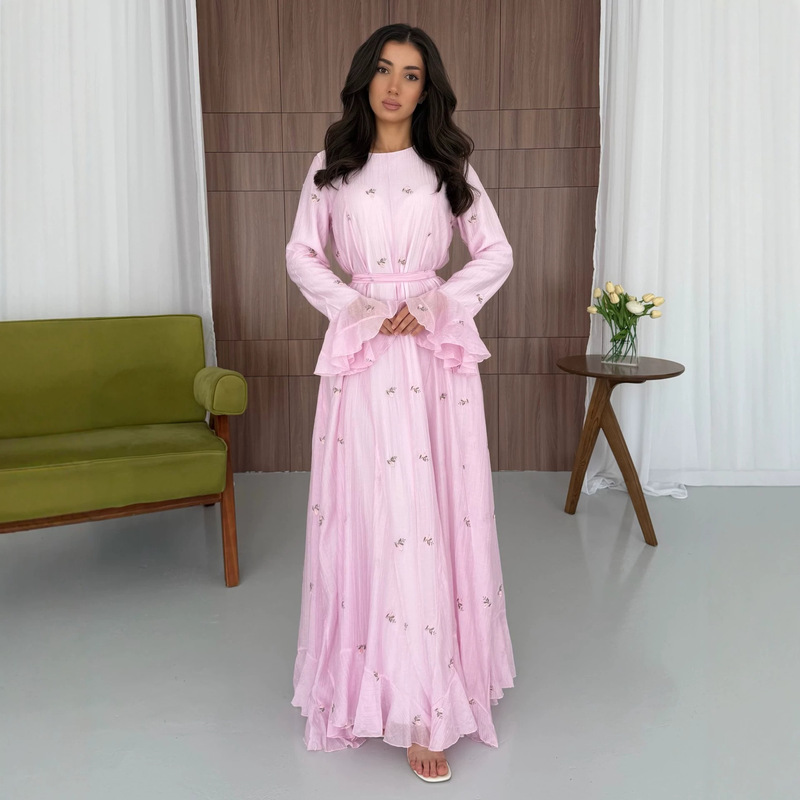 Cross-border European and American 2026 women's spring and autumn new boat neck long waist-cinching dress, slimming ruffle long-sleeve A-line long dress Cross-border European and American 2026 women's spring and autumn new boat neck long waist-cinching dress, slimming ruffle long-sleeve A-line long dress